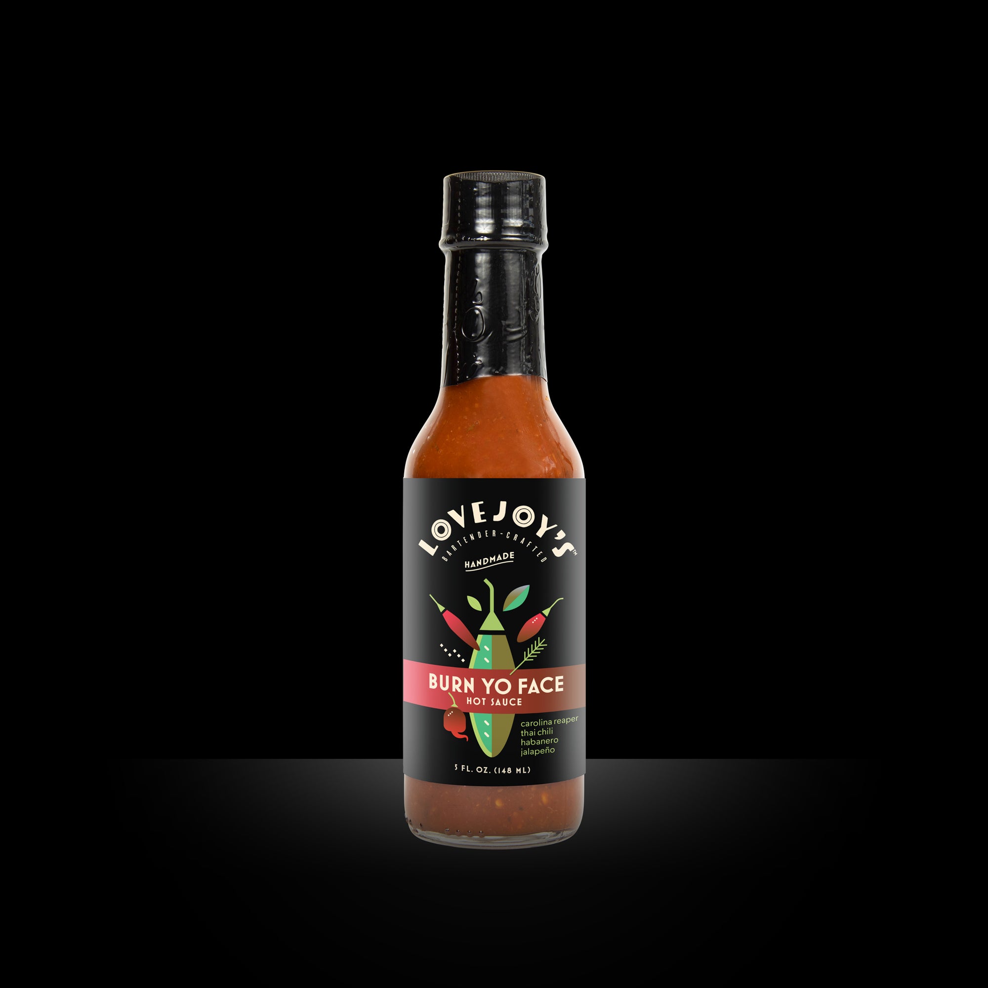Bottle of Lovejoy's Burn Yo Face Hot Sauce.