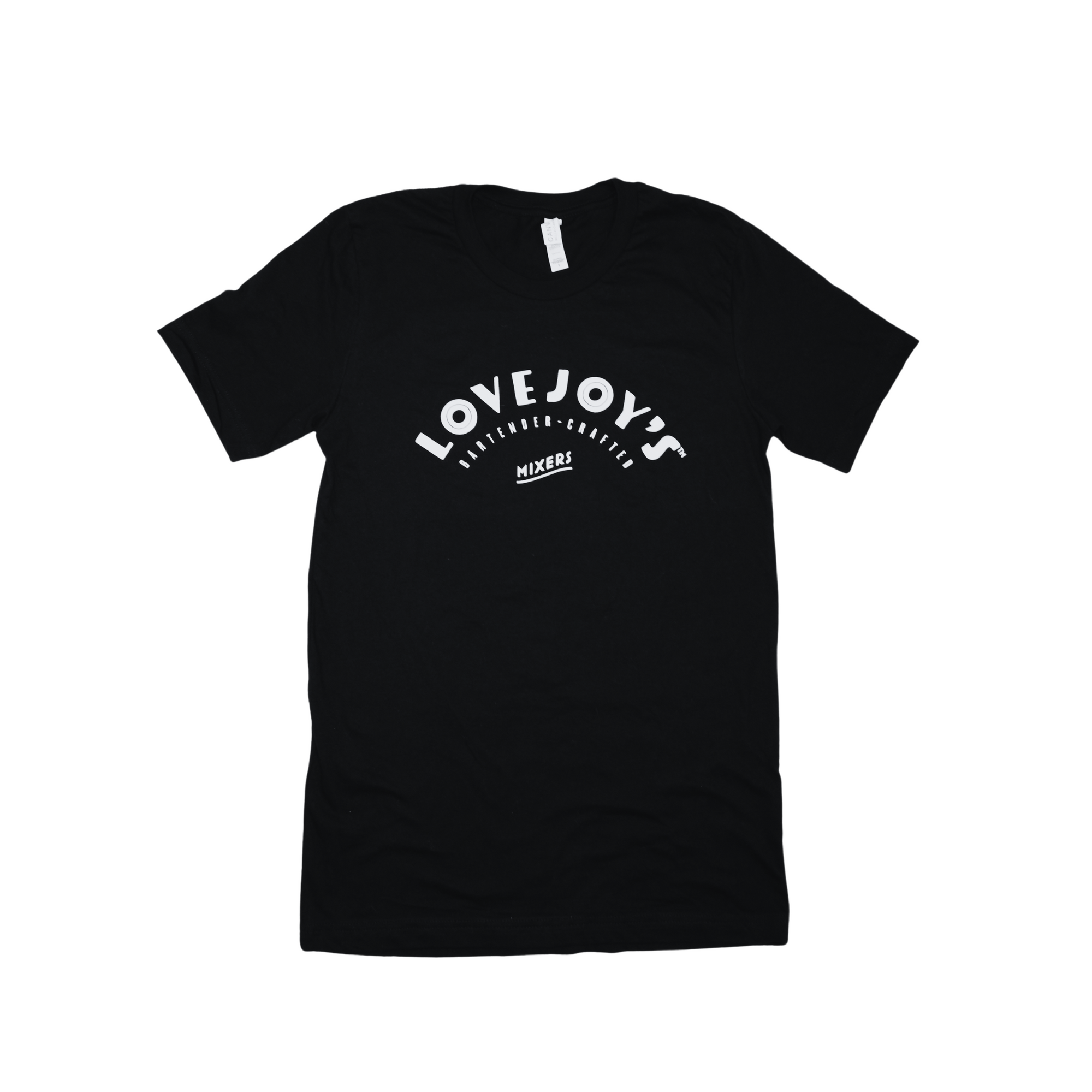 Lovejoy&#39;s custom short-sleeved t-shirt in black with white logo in front.