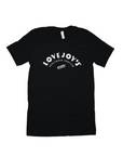 Lovejoy's custom short-sleeved t-shirt in black with white logo in front.