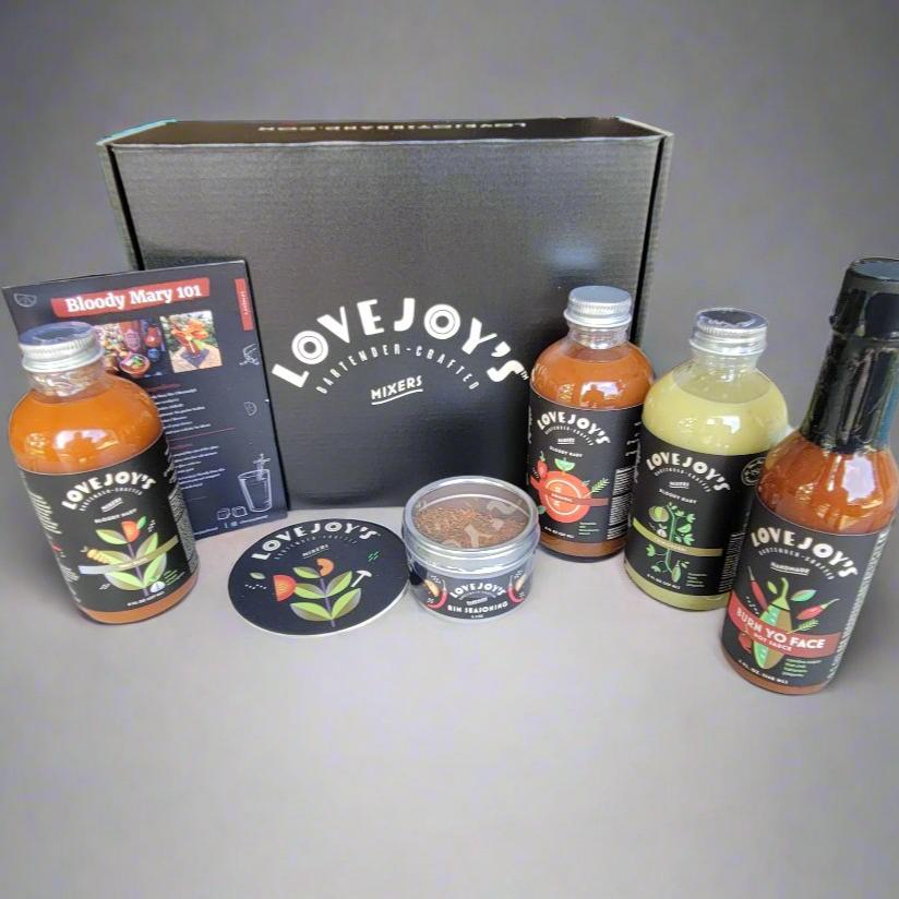 Lovejoy&#39;s Gift Box including Burn Yo Face Hot Sauce, Uniquely Flavored Rim Seasoning, 8oz Thai Basil: Lovejoy’s Spicy, vegetables, spices and fruit, 8oz Original Bloody, 8oz Chimichurri: Brand new! Bright and light with a bit of Jalapeno heat.