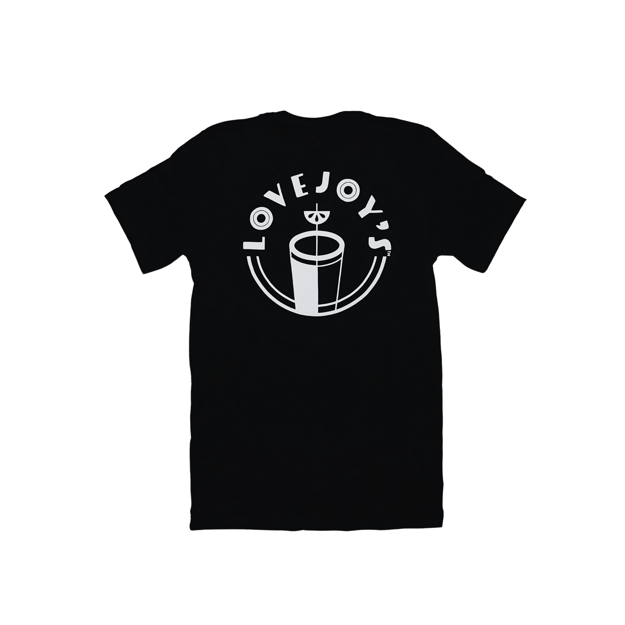 Lovejoy's custom short-sleeved t-shirt in black with white logo in back.