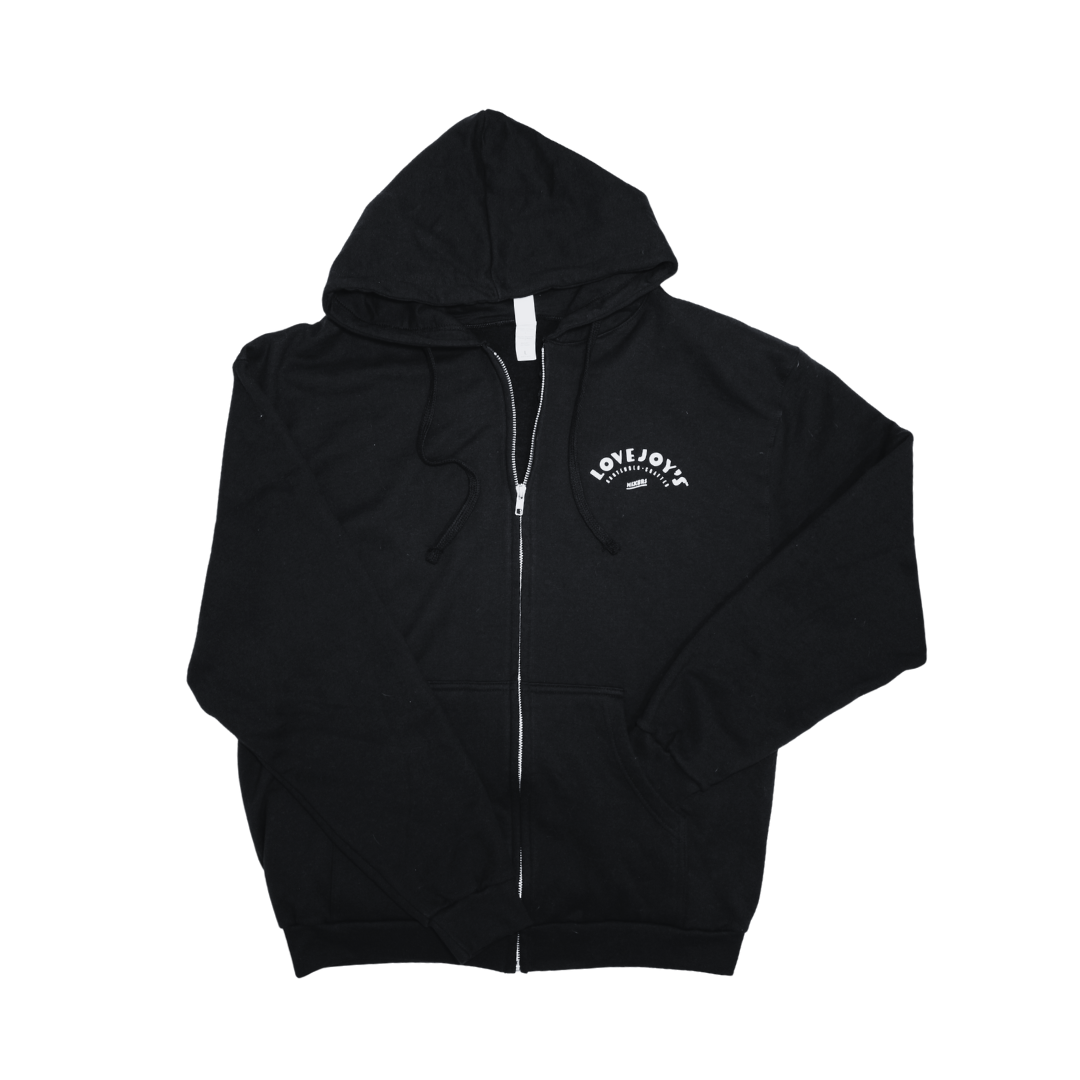 Lovejoy&#39;s Black Custom Logo Sweatshirt. Zippered with hood and logo on front chest in white.