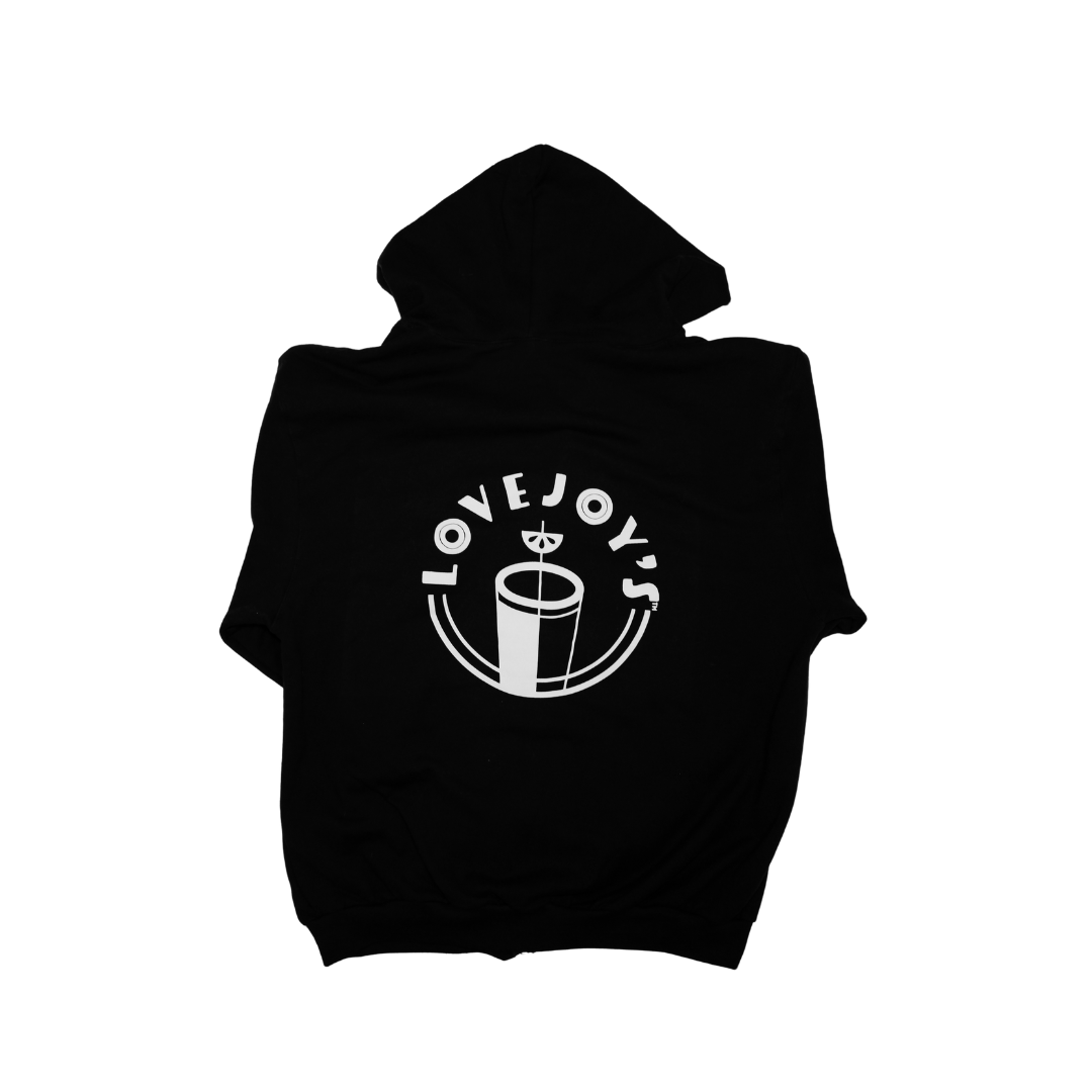 Lovejoy&#39;s hooded sweatshirt in black with large custom logo on back in white.