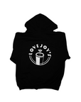 Lovejoy's hooded sweatshirt in black with large custom logo on back in white.