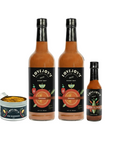 Complete Bloody Mary kit with three bottles and a canister on a white background