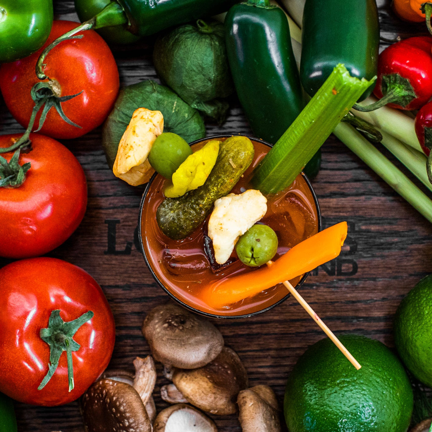 Lovejoy's Bloody Mary with pickles, peppers, celery and olives.