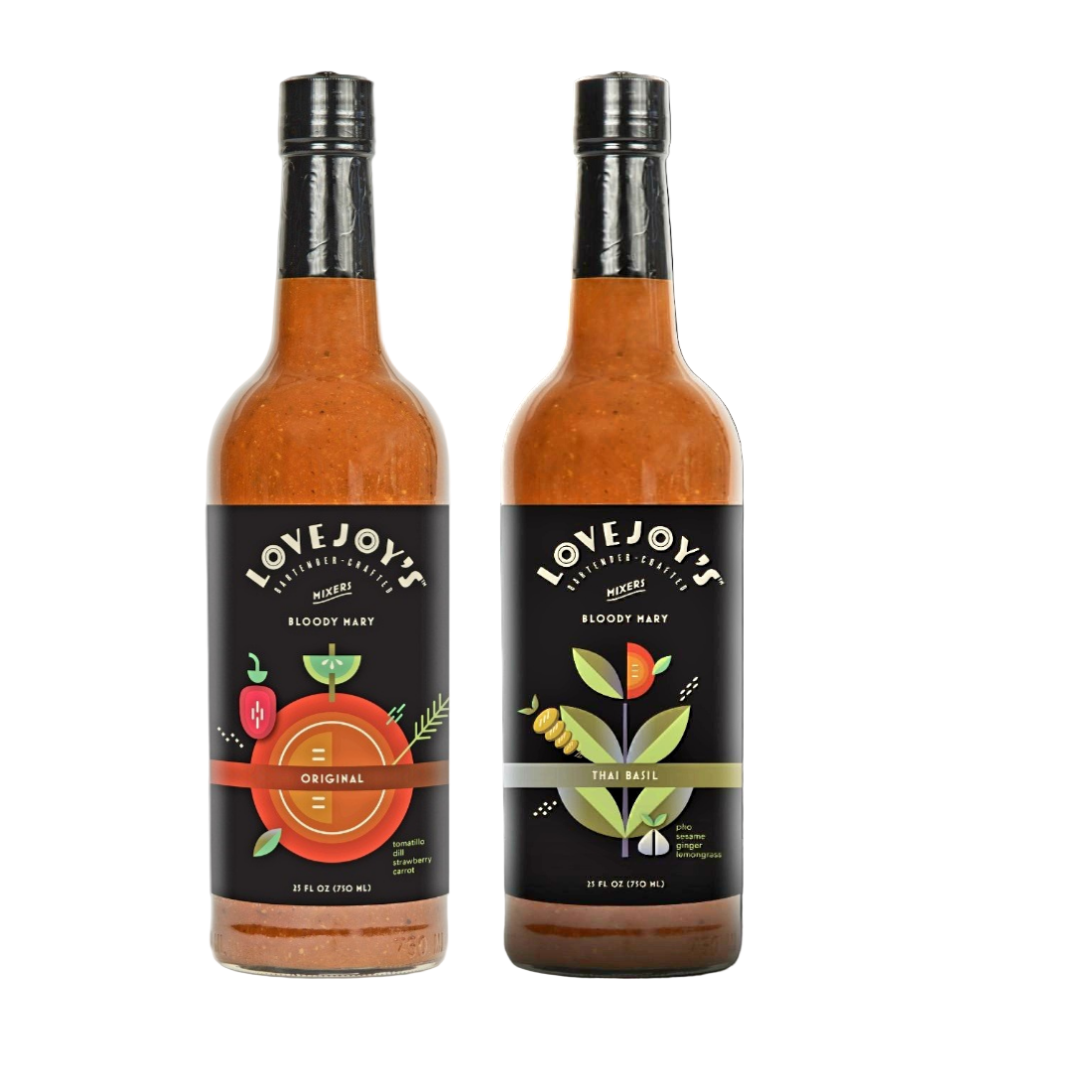 Two bottles of Lovejoy's Bloody Mary mix on a white background