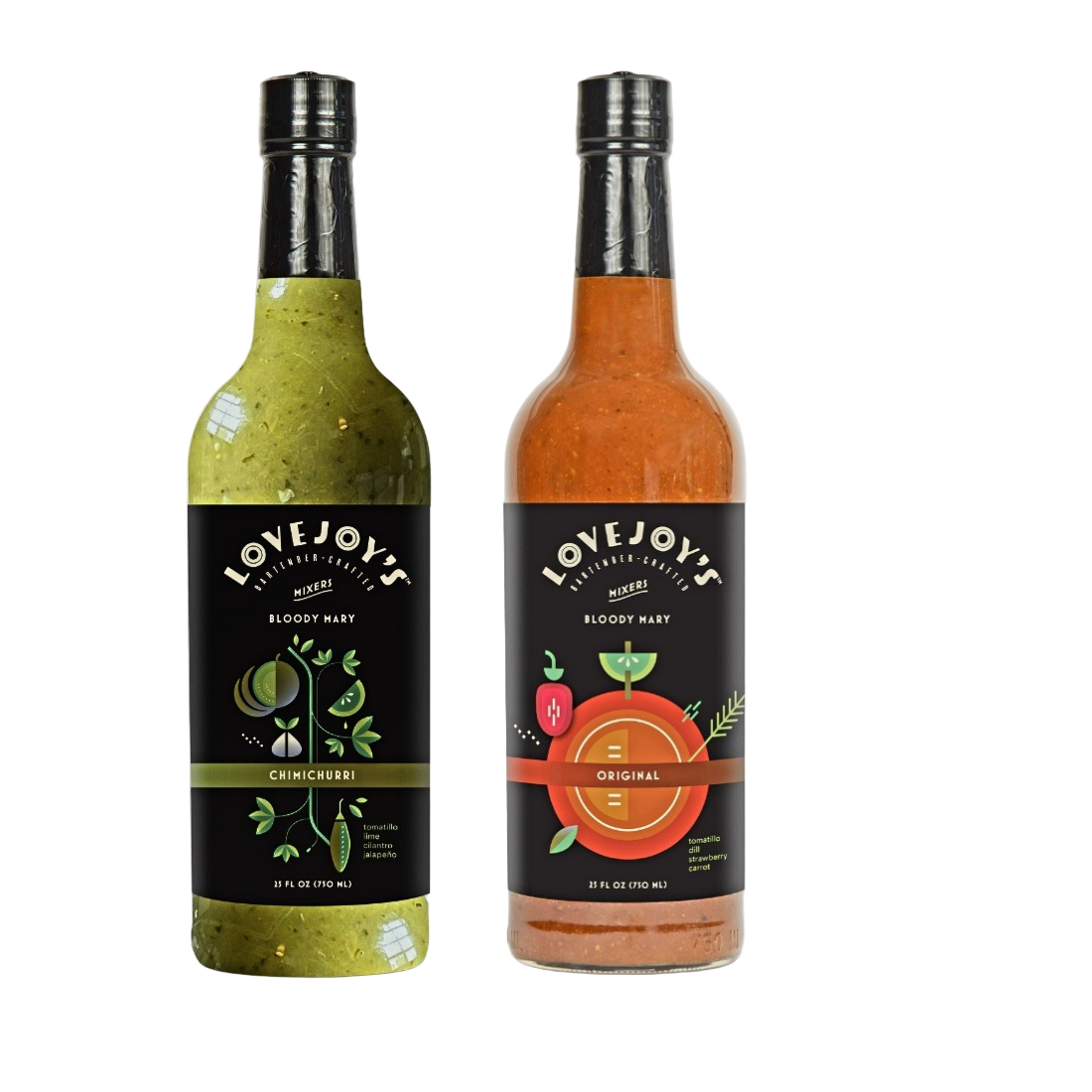 Two bottles of Lovejoy's Bloody Mary mix on a gray background