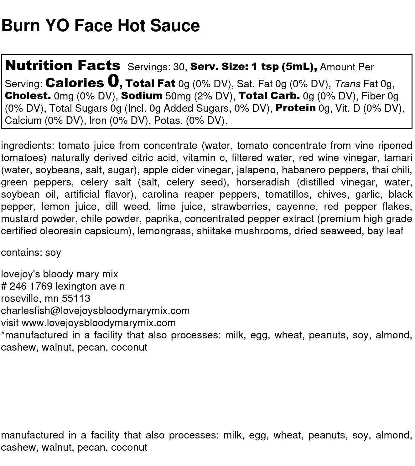 Lovejoy&#39;s Burn YO Face Hot Sauce Nutrition Facts label.