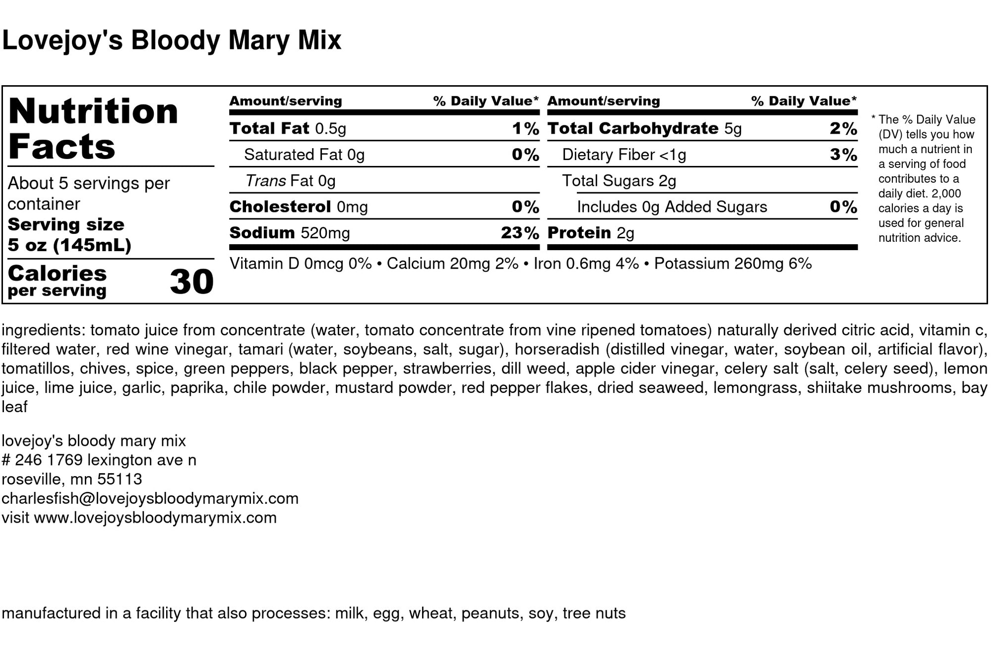 Lovejoy's Bloody Mary Mix Nutritional Facts label.