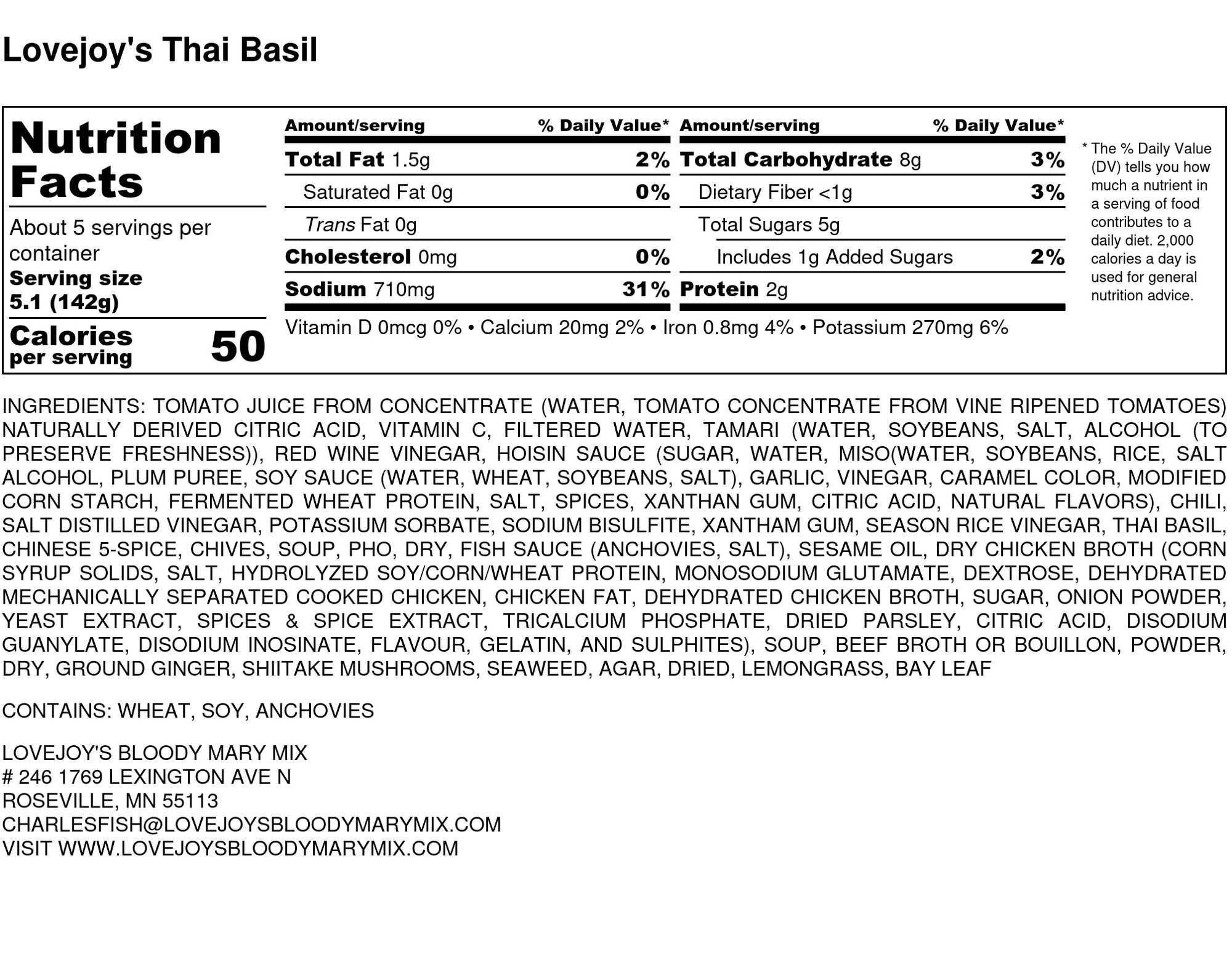 Lovejoy's Thai Basil Bloody Mary Mix Nutrition Facts Label.